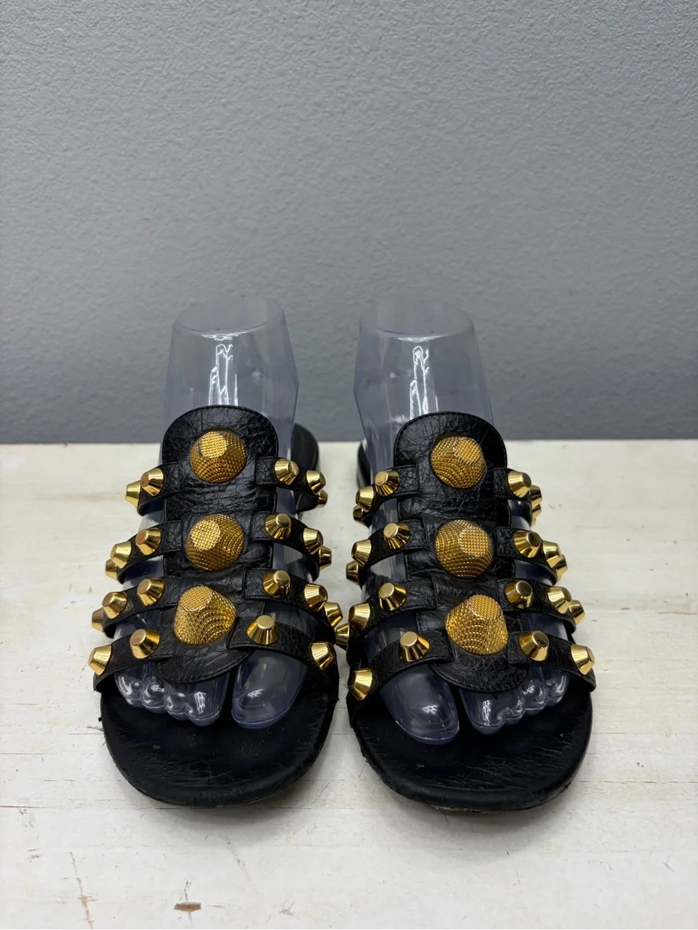 Balenciaga Black Leather Palladium Giant Gold Studded Flat Sandals Size 38